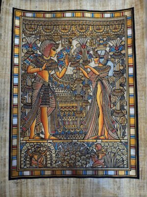 Pharaoh and Queen Offering Lotus and Papyrus Flowers