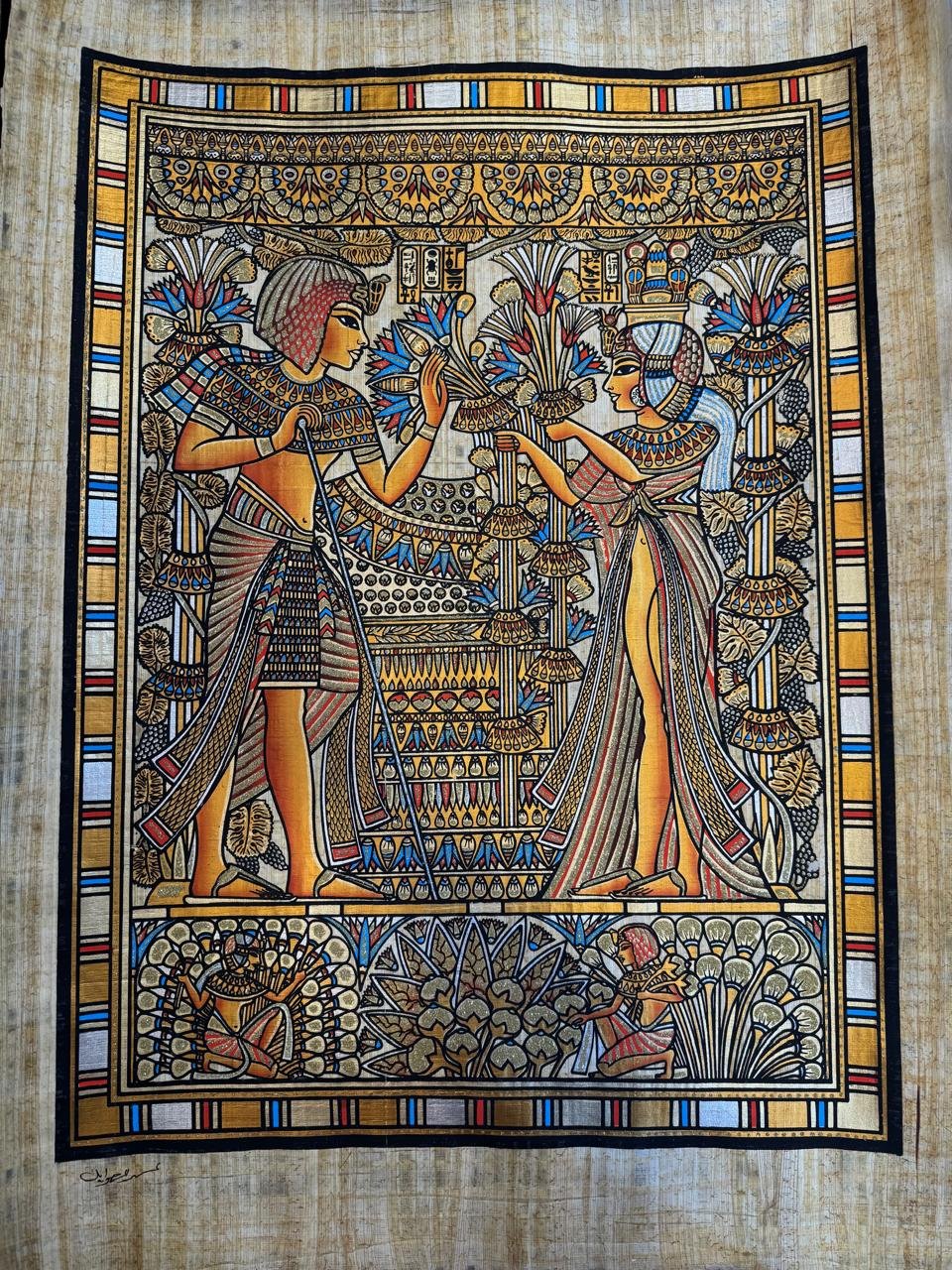 Pharaoh and Queen Offering Lotus and Papyrus Flowers